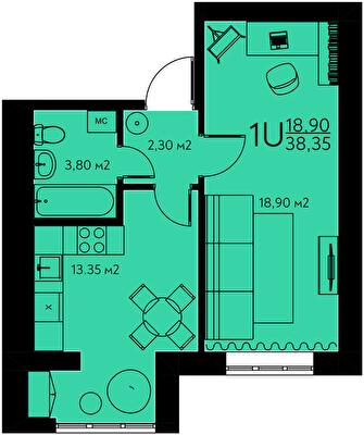1-комнатная 38.35 м² в ЖК Молодежный городок от 22 000 грн/м², с. Крюковщина