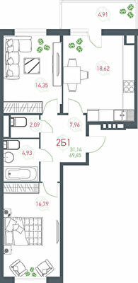 2-комнатная 69.65 м² в ЖК Озерный гай (Гатное) от 24 600 грн/м², с. Гатное