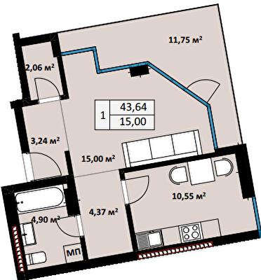 1-кімнатна 43.64 м² в ЖК Uzh Towers від 20 000 грн/м², Ужгород