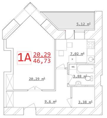 1-кімнатна 46.73 м² в ЖК Новий дім Ньютона від 15 800 грн/м², Харків