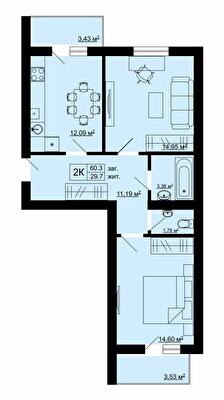 2-комнатная 60.3 м² в ЖК Південний от 16 500 грн/м², с. Сокольники