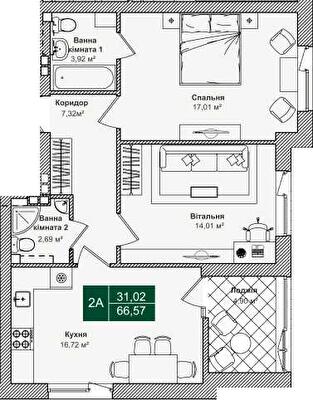 2-кімнатна 66.57 м² в ЖК Forest Park від 28 000 грн/м², Київ