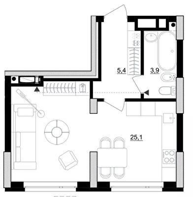 1-комнатная 34.4 м² в ЖК Kub29 от 39 200 грн/м², Киев