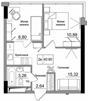 2-кімнатна 40.9 м² в ЖМ ARTVILLE від 22 200 грн/м², смт Авангард