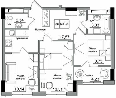 3-кімнатна 59.23 м² в ЖМ ARTVILLE від 22 200 грн/м², смт Авангард