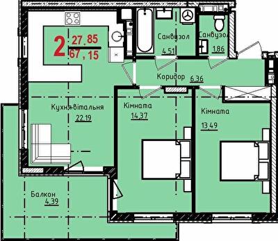 2-кімнатна 67.15 м² в ЖК Континент від 26 500 грн/м², с. Сокільники