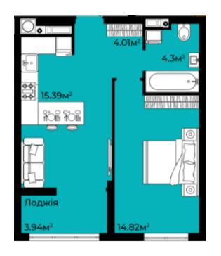 1-кімнатна 42.46 м² в ЖК Континент від 25 500 грн/м², с. Сокільники