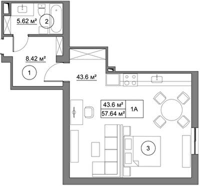 1-кімнатна 57.64 м² в КБ Петрівський Гай від 28 500 грн/м², с. Святопетрівське