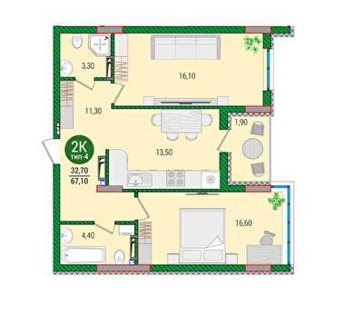 2-комнатная 67.1 м² в ЖК Q-smart от 24 190 грн/м², Киев
