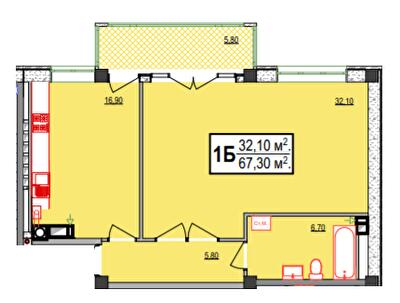 1-комнатная 67.3 м² в ЖК Украинский от 28 400 грн/м², Херсон