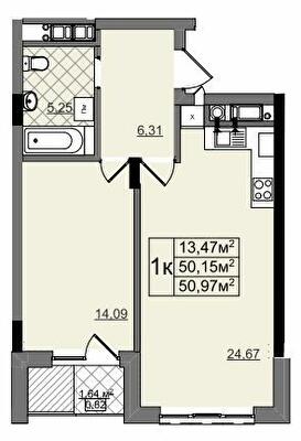 1-кімнатна 50.97 м² в ЖК на Перфецького-2 від 28 900 грн/м², Львів