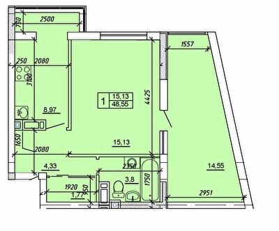 1-комнатная 48.55 м² в ЖК Приозерный от 13 500 грн/м², Хмельницкий