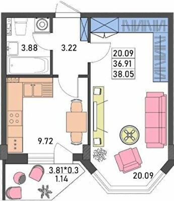 1-кімнатна 38.05 м² в ЖК Меридіан від 18 150 грн/м², Одеса