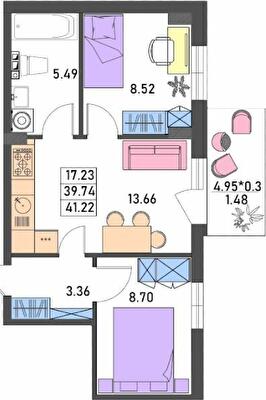 2-кімнатна 41.22 м² в ЖК Меридіан від 17 900 грн/м², Одеса
