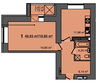 1-комнатная 46.93 м² в ЖК Свитанок от 17 900 грн/м², г. Борисполь
