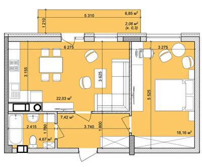 1-кімнатна 54.34 м² в ЖК Basa city від 26 000 грн/м², с. Ходосівка