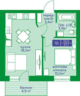 1-кімнатна 37.7 м² в ЖК Квартал Парковий від 18 350 грн/м², м. Обухів