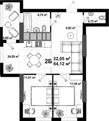 2-кімнатна 64.12 м² в ЖК UNO City House від 43 500 грн/м², Київ