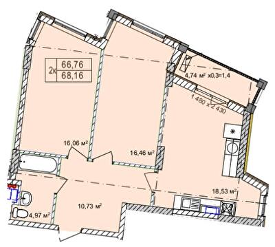 2-кімнатна 68.16 м² в Апарт-комплекс Ітака від 26 700 грн/м², Одеса