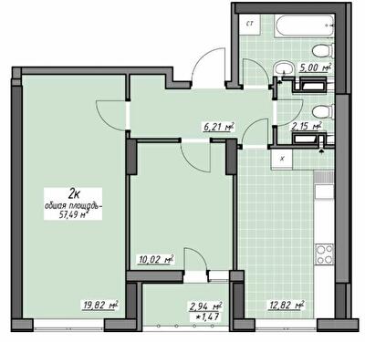 2-комнатная 57.49 м² в ЖК Одесские традиции на Глушко от 29 800 грн/м², Одесса