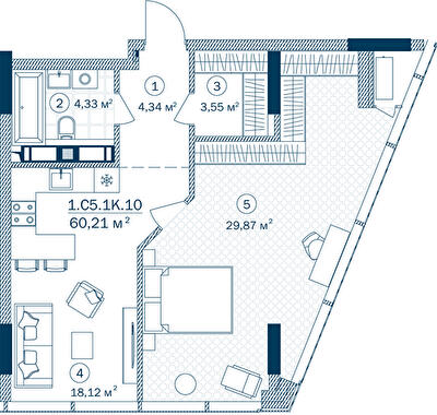 1-комнатная 60.21 м² в ЖК Rusaniv Residence от 39 150 грн/м², Киев