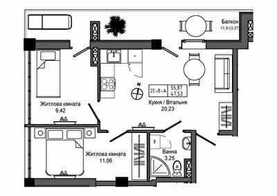 2-кімнатна 55.87 м² в ЖМ ARTVILLE від 23 200 грн/м², смт Авангард