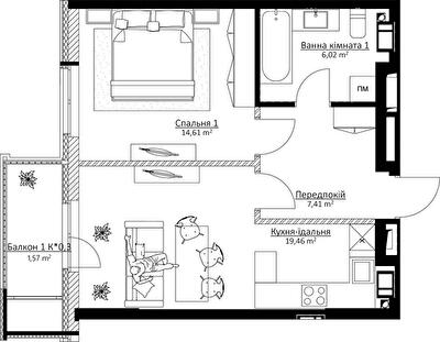 1-кімнатна 49.07 м² в ЖК BOSTON Creative House від 37 566 грн/м², Київ