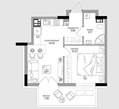 1-комнатная 37.04 м² в КД OLEGIVSKIY от 61 324 грн/м², Киев