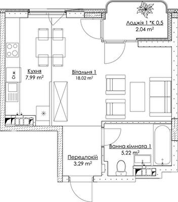 1-кімнатна 36.52 м² в ЖК O2 Residence від 25 254 грн/м², Київ