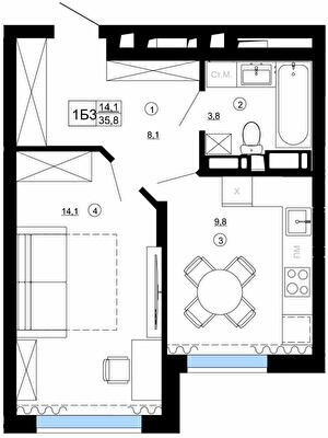 1-комнатная 35.8 м² в ЖК Paradise Avenue от 27 000 грн/м², с. Крюковщина
