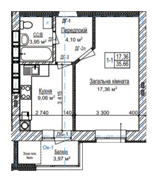 1-кімнатна 35.66 м² в ЖК Затишний квартал від 28 500 грн/м², с. Софіївська Борщагівка
