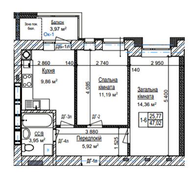 2-кімнатна 47.02 м² в ЖК Затишний квартал від 28 500 грн/м², с. Софіївська Борщагівка