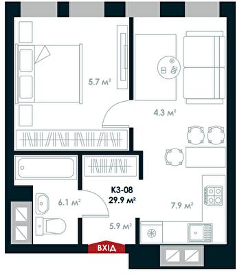 1-комнатная 29.9 м² в ЖК Atria City.Teremky от 22 000 грн/м², пгт Чабаны