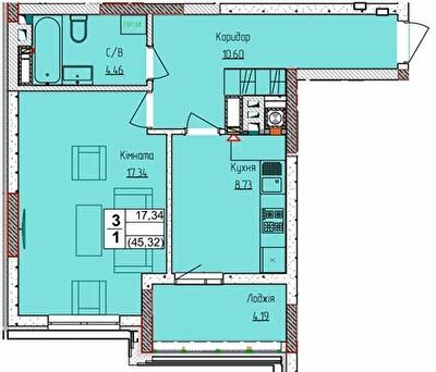 1-кімнатна 45.32 м² в ЖК Піонерський квартал 2 від 26 600 грн/м², смт Чабани