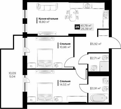 2-кімнатна 61.81 м² в ЖК PERFECT LIFE від 23 550 грн/м², м. Винники