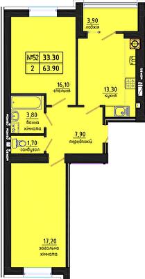 2-комнатная 63.9 м² в ЖК Gloria от 19 500 грн/м², Житомир