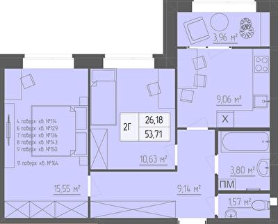2-комнатная 53.71 м² в ЖК Abricos от 15 850 грн/м², Ровно