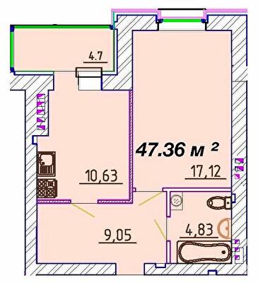 1-комнатная 47.36 м² в ЖК Графський от 19 500 грн/м², Черкассы