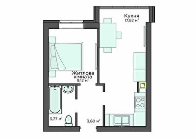 1-комнатная 34.02 м² в Клубная резиденция O`Club от 32 760 грн/м², с. Крюковщина