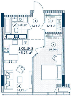 1-комнатная 45.73 м² в ЖК Rusaniv Residence от 54 606 грн/м², Киев