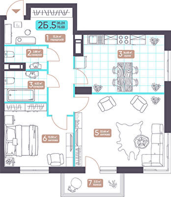 2-кімнатна 76.68 м² в ЖК Теремки від 32 085 грн/м², Київ