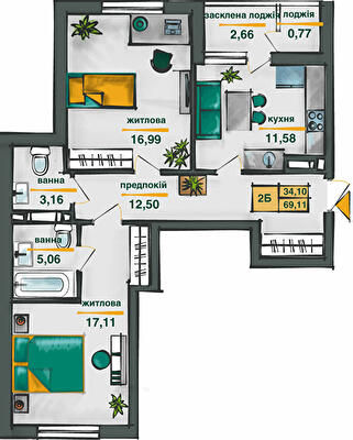 2-комнатная 69.11 м² в ЖК Сырецкие сады от 32 364 грн/м², Киев