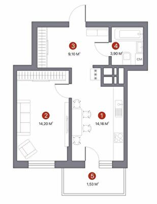 1-комнатная 42.89 м² в ЖК 7 KVARTAL от 33 150 грн/м², Киев