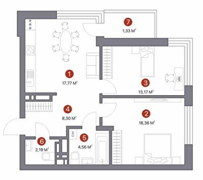 2-комнатная 63.68 м² в ЖК 7 KVARTAL от 27 450 грн/м², Киев