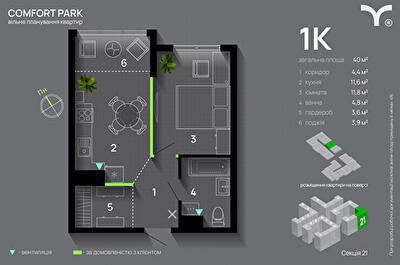 1-комнатная 40 м² в ЖК Comfort Park от 29 300 грн/м², Ивано-Франковск