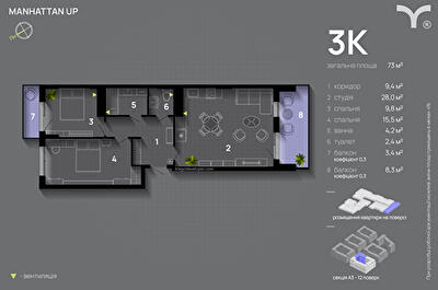 3-кімнатна 73 м² в ЖК Manhattan Up від 32 600 грн/м², Івано-Франківськ