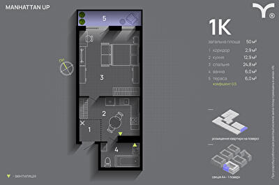 1-кімнатна 50 м² в ЖК Manhattan Up від 33 000 грн/м², Івано-Франківськ