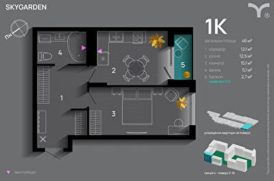 1-кімнатна 46 м² в ЖК SkyGarden від 32 600 грн/м², Івано-Франківськ