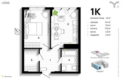 1-комнатная 42 м² в ЖК U One от 29 700 грн/м², Ивано-Франковск
