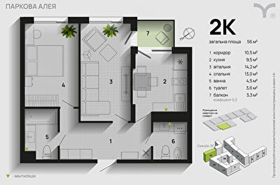 2-кімнатна 56 м² в ЖК Паркова алея від 30 500 грн/м², Івано-Франківськ